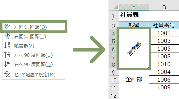Excelの文字を縦書き（左回りに回転）
